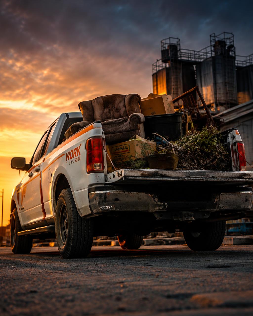 HaulBroker truck loaded with furniture and yard waste at dusk